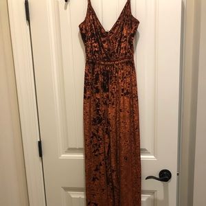 Smymumu  burnt orange, crushed velvet jumpsuit